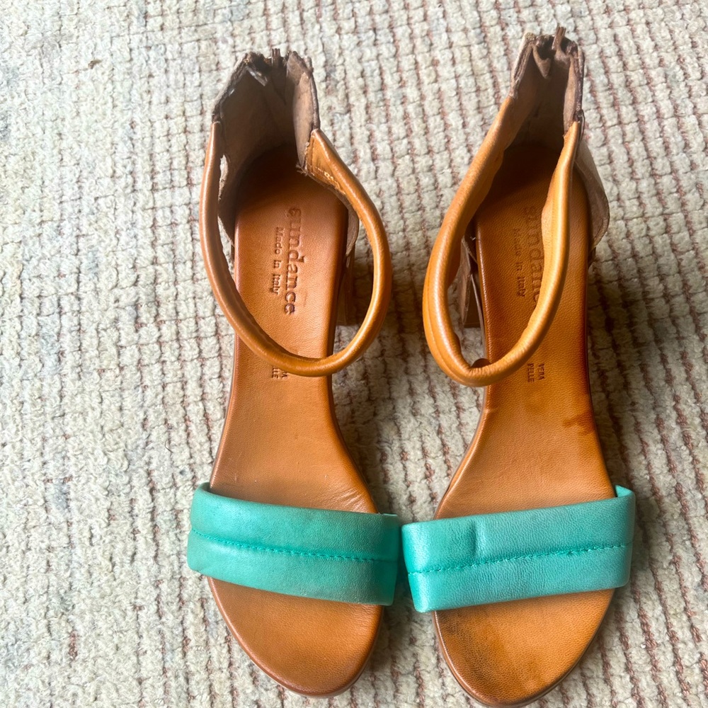 Sundance Leather Ankle-Strap Sandals with Turquoise Front Band